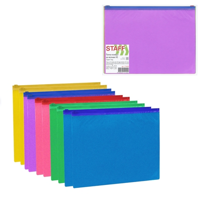 Папка-конверт на молнии А5 малый формат, цвет ассорти с блестками, 0,15мм. (STAFF)