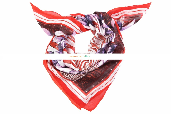 Платок материал Хлопок 100% "Сиреневые Цветы" цвет алый белый 100x100 см.