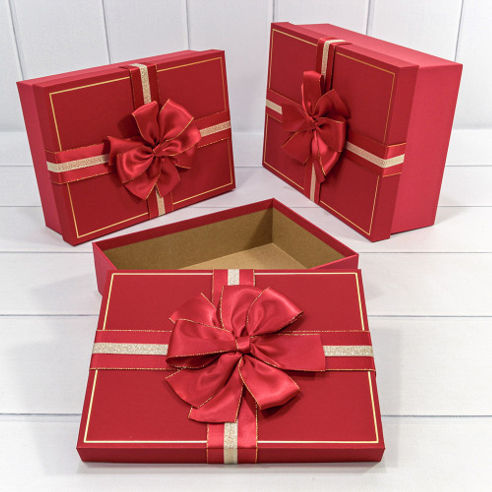 Коробка 29х21х9.5 см Набор 3 шт с двойным бантом (Красный)