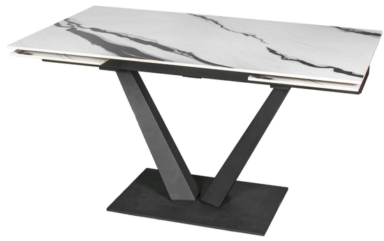 Стол "МАЛИБУ" 140-220х85, керамика Panda White глянц.,R-6, опора черный муар