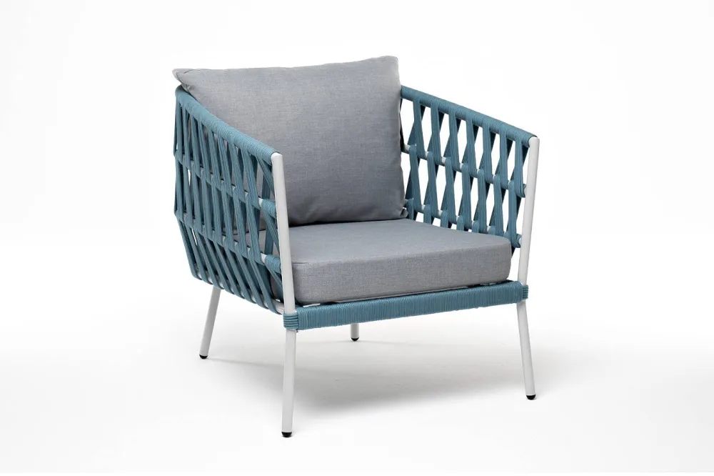 "Диего" кресло плетеное из роупа, каркас алюминий светло-серый (RAL7035) муар, роуп бирюзовый круглый, ткань светло-серая