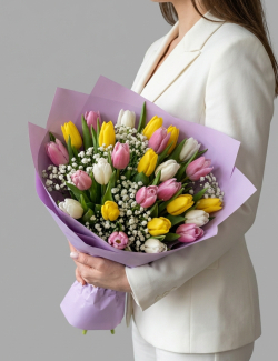Букет из тюльпанов микс и гипсофилы