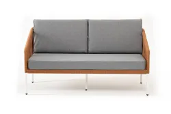 "Канны" диван 2-местный плетеный из роупа, каркас алюминий светло-серый (RAL7035) муар, роуп оранжевый меланж круглый, ткань светло-серая