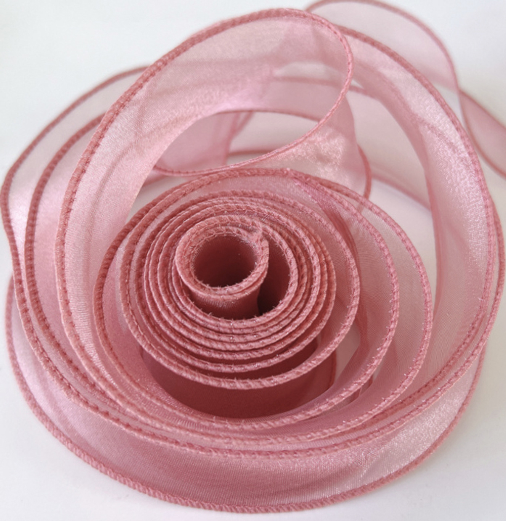 Лента декоративная (4 см*9,14 м) Органза с леской, Дымчатая роза, 1 шт.