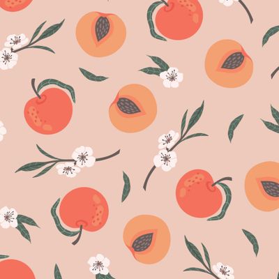 Персики, целые и разрезанные пополам с листьями