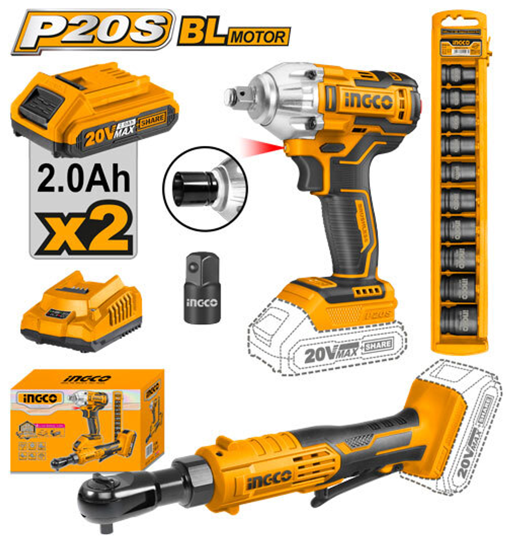 Набор аккумуляторного инструмента гайковерт + трещотка 20 В INGCO COSLI23066
