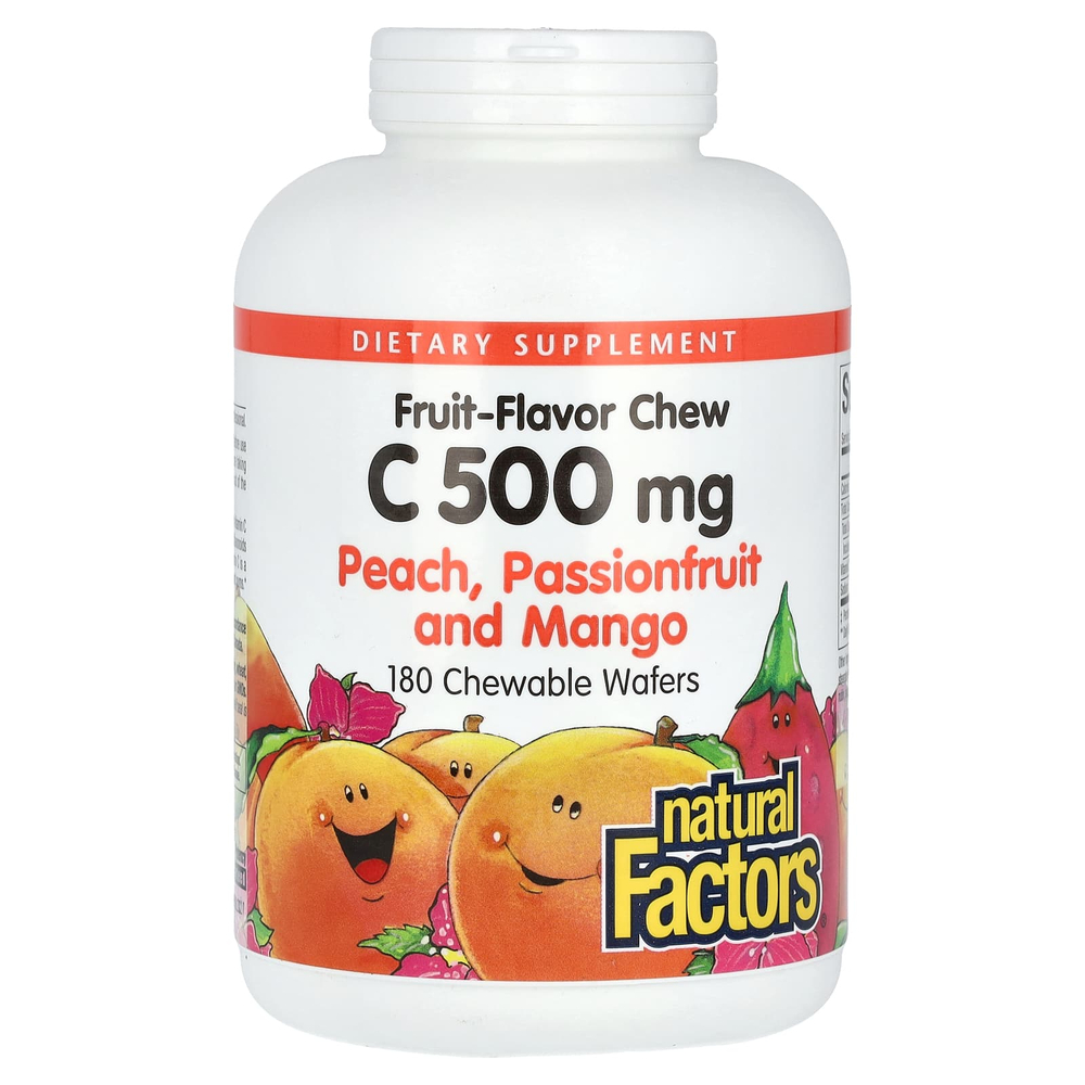 Natural Factors, витамин C в жевательной форме, со вкусом персика, маракуйи и манго, 500 мг, 180 жевательных конфет