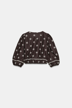 ZARA БЛУЗА В ГОРОШЕК С ПЕРФОРИРОВАННОЙ ВЫШИВКОЙ, КОРИЧНЕВЫЙ