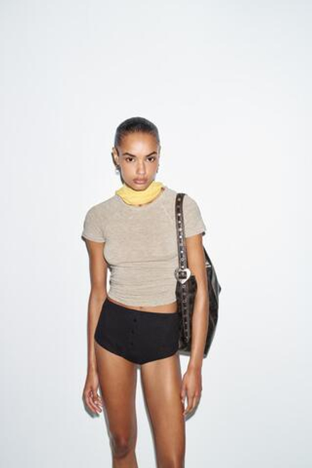 ZARA ФУТБОЛКА С КОРОТКИМИ РУКАВАМИ РЕГЛАН, БЕЖЕВЫЙ МЕЛАНЖ