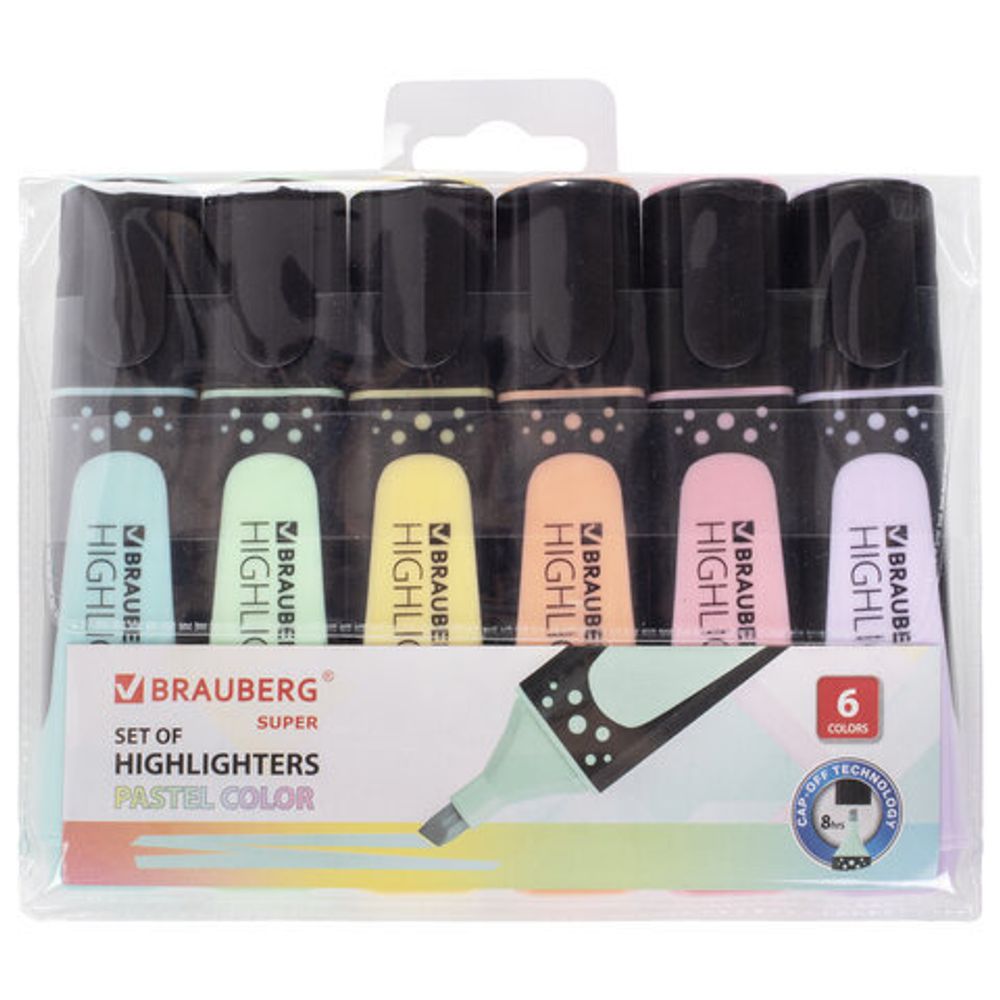 Набор текстовыделителей BRAUBERG 6 шт., АССОРТИ, "SUPER PASTEL", прорезиненный корпус, линия 1-5 мм, 151757