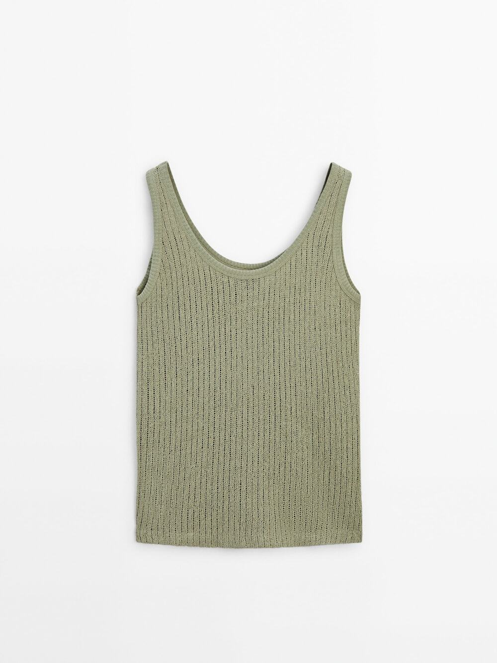 Massimo Dutti Топ с горловиной в рубчик и бретелями, зеленый