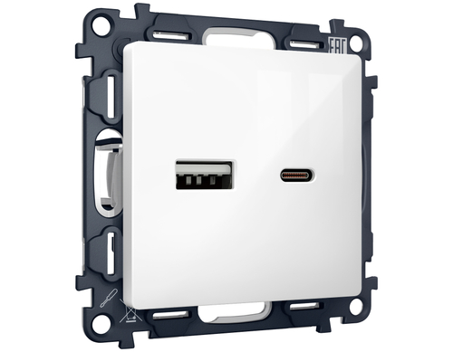 MA111010 Комплект механизма розетки ALFA Белый глянец 2USB A+C 20W (быстрая зарядка) QUANT