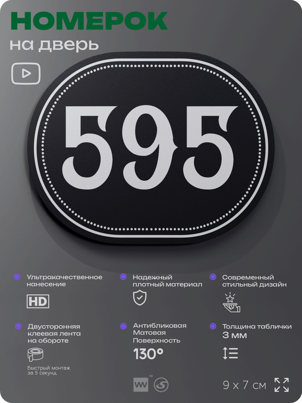Номерок на дверь квартиры 595, для кабинета, офиса, шильдик 9 х 7 см, черный, Айдентика Технолоджи