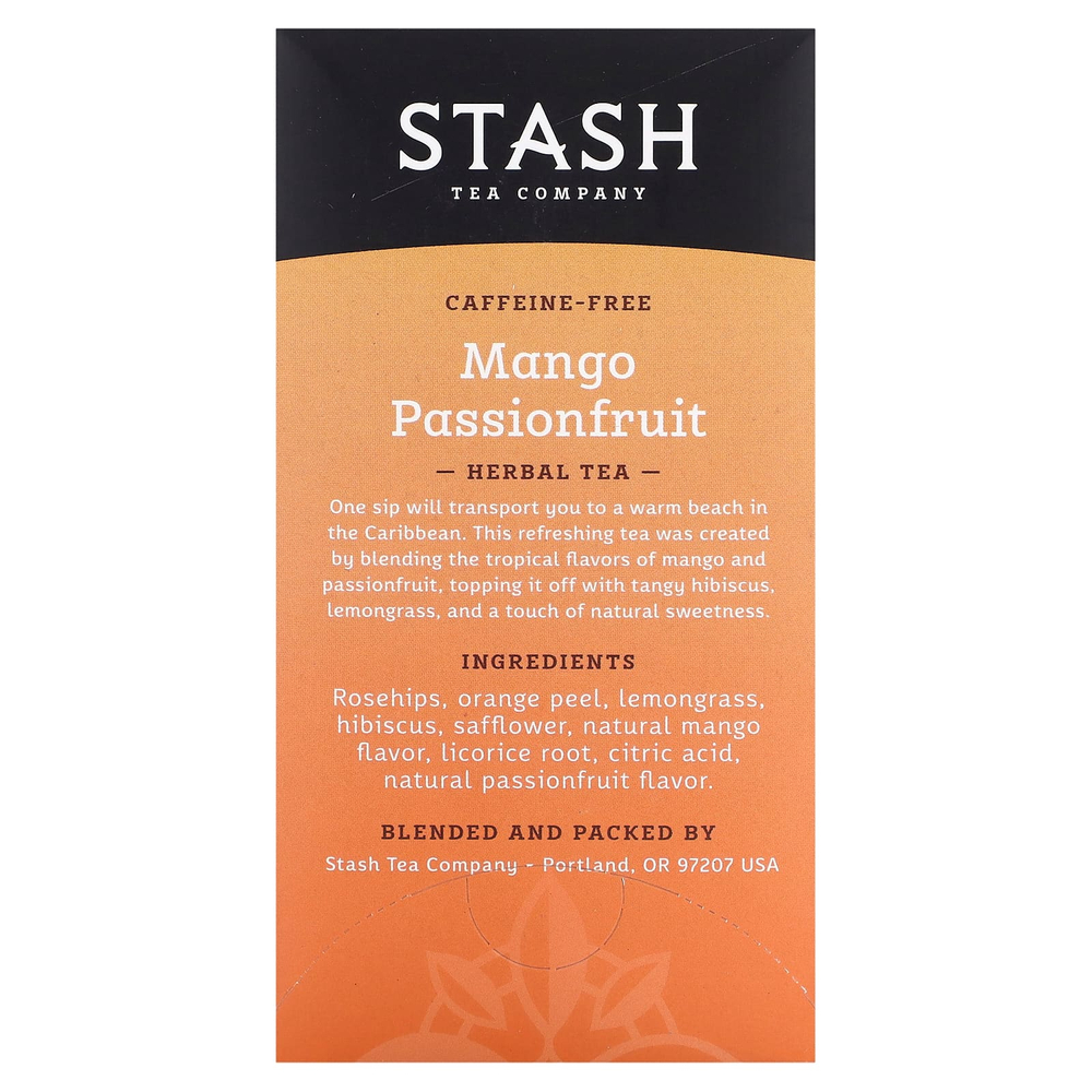 Stash Tea, Herbal Tea, манго и маракуйя, без кофеина, 20 чайных пакетиков, 38 г (1,3 унции)