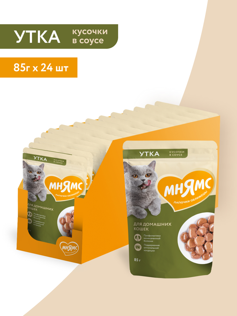 Влажный корм Мнямс На каждый день Кусочки в соусе с уткой для домашних кошек 85 г
