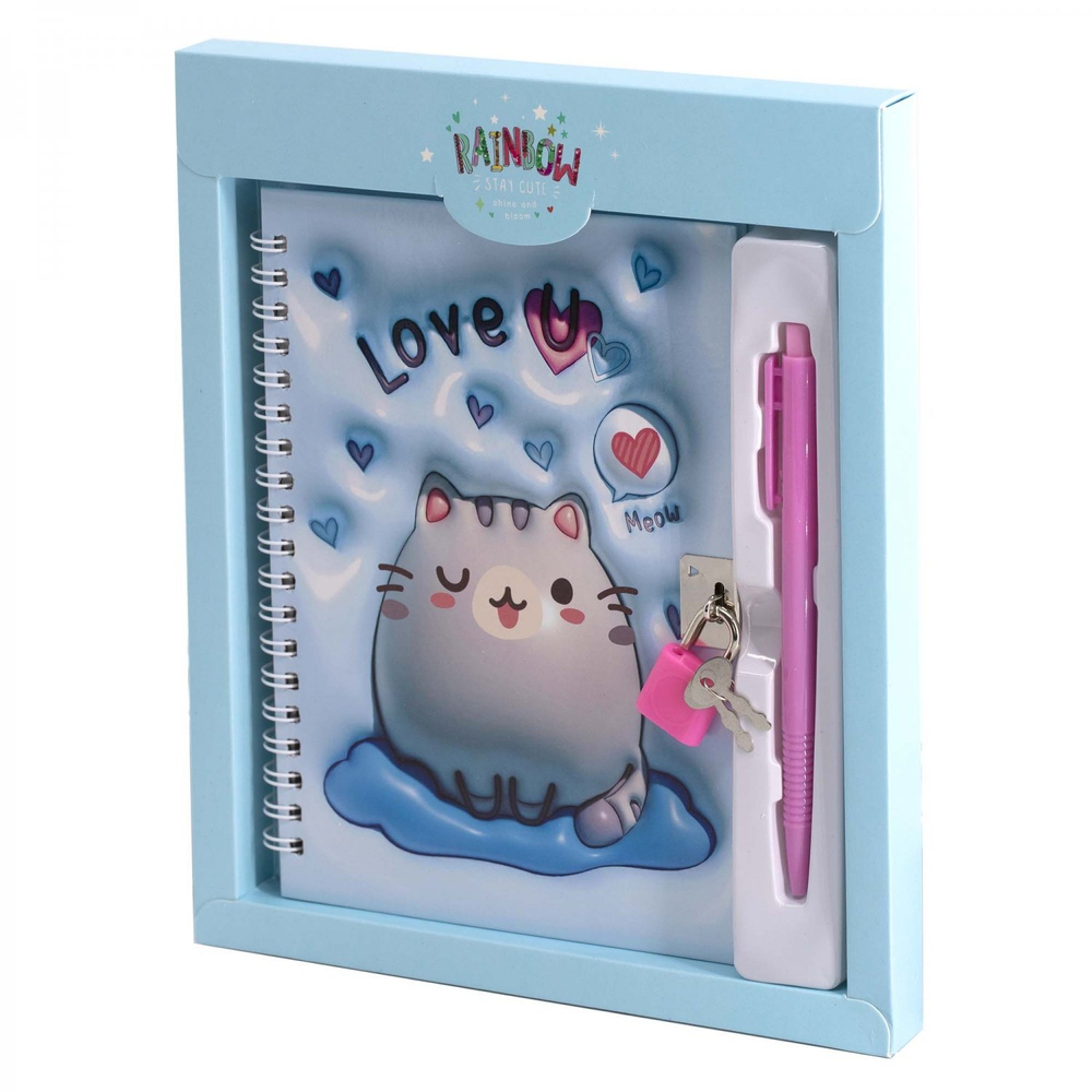 Блокнот в футляре, 19,5 см * 22,5 см , гребень, Alingar, ламинация, конгрев, эффект 3D, замочек, 46 л., клетка, "Кот-пухляш", голубой