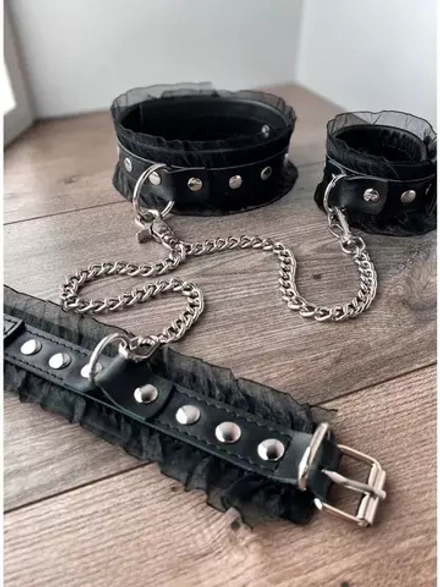 Комплект наручники и ошейник Indigo кожа с рюшами, чёрный (арт-204)