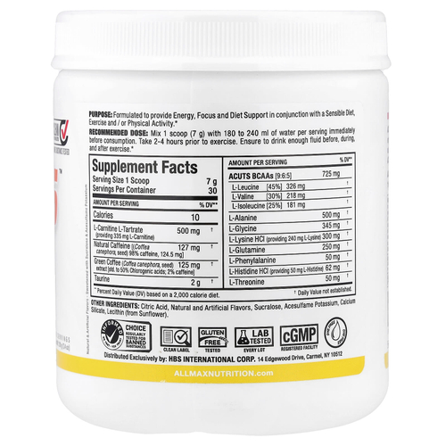 ALLMAX, ACUTS™, энергетический напиток с аминокислотами, со вкусом пина колады, 210 г (7,4 унции)
