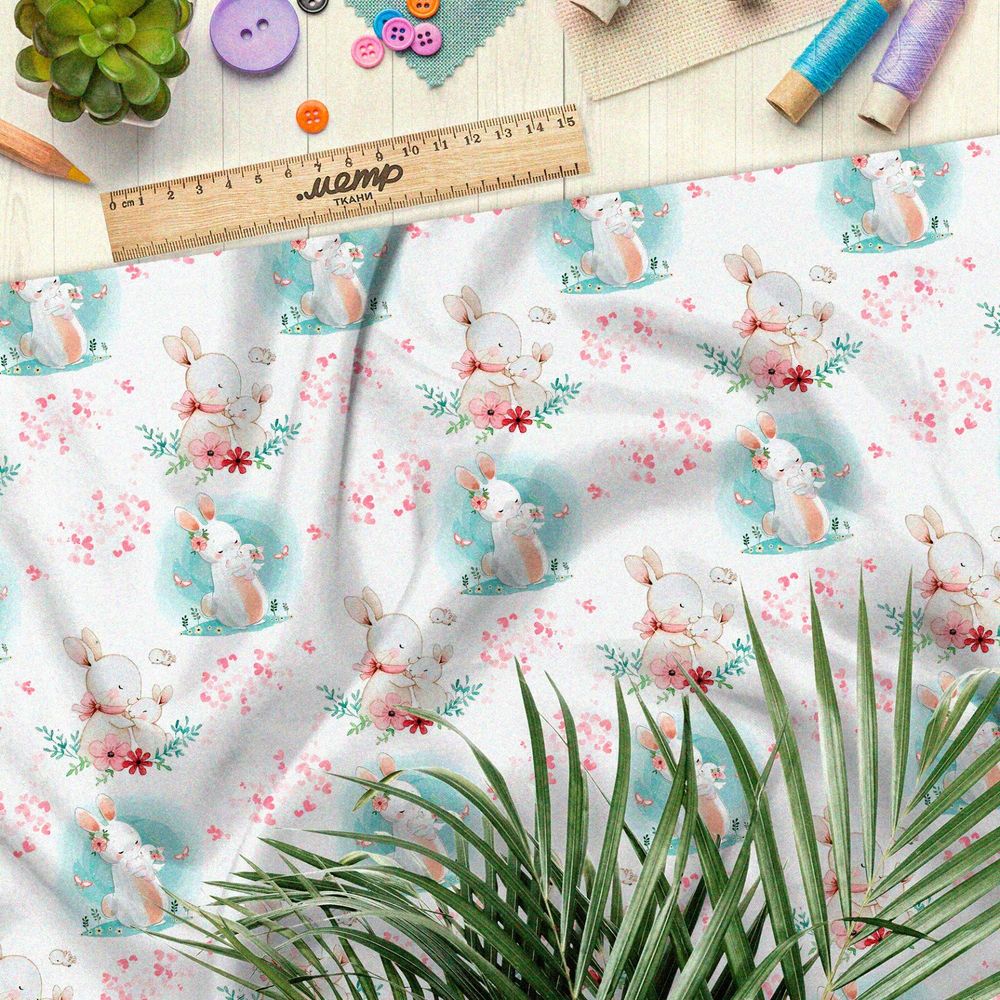 Ткань оксфорд 210 нежные зайцы на белом фоне