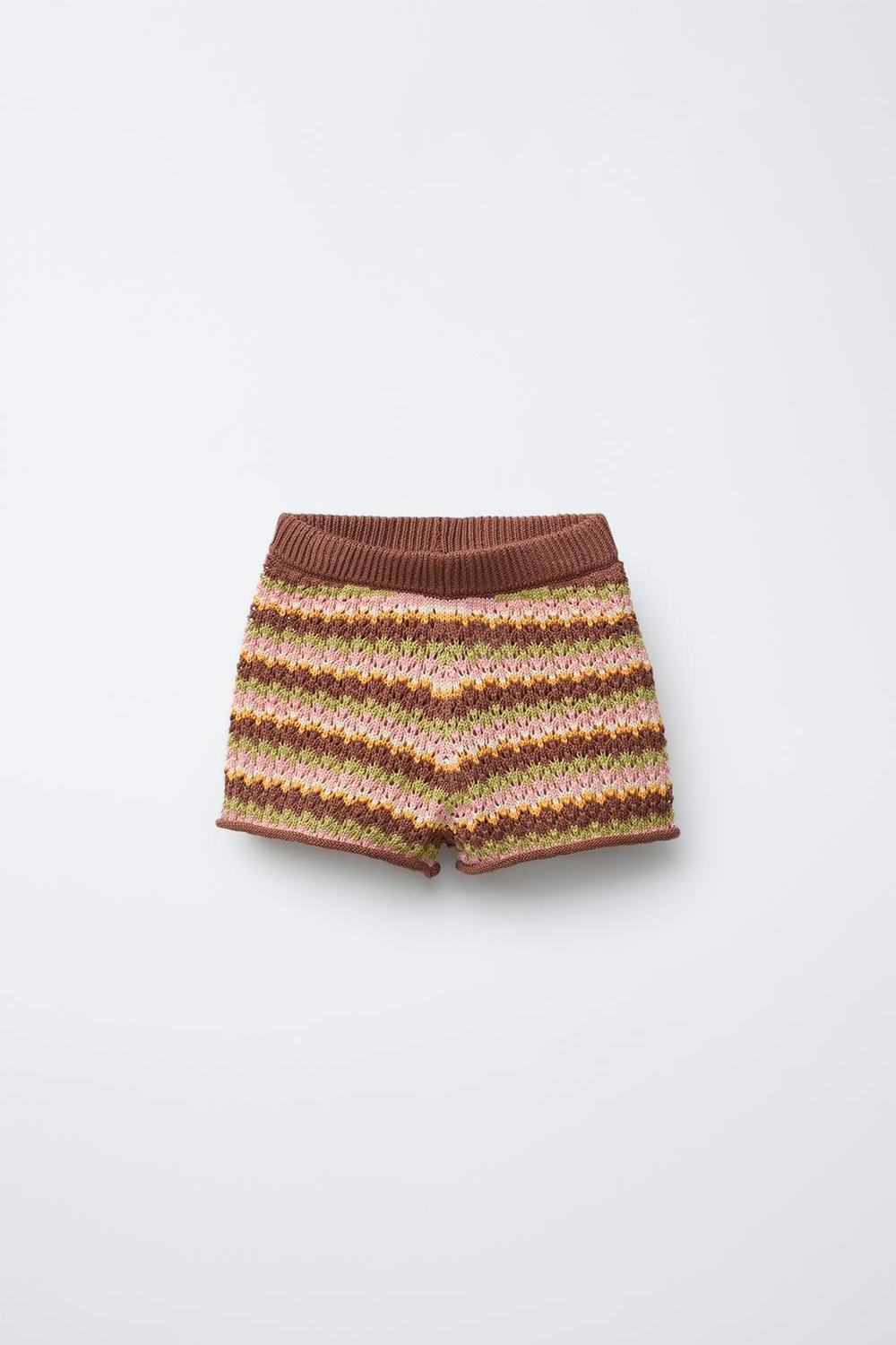 ZARA ТРИКОТАЖНЫЕ ШОРТЫ В РАЗНОЦВЕТНУЮ ПОЛОСКУ, ШОКОЛАДНЫЙ