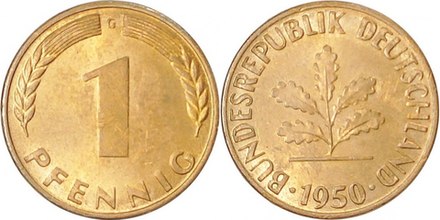 Германия - ФРГ 1 пфенниг, 1950-2001 XF