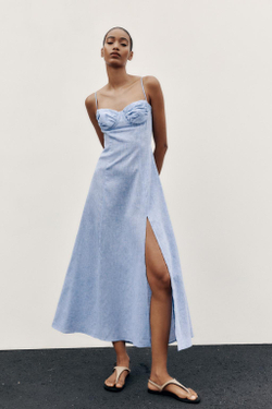 ZARA КОРСЕТНОЕ ПЛАТЬЕ МИДИ ИЗ ЛЬНА, СИНИЙ
