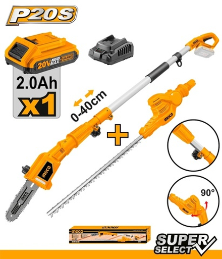 Аккумуляторный телескопический кусторез и цепная пила INGCO CPTS201681 INDUSTRIAL 20 В 1x2 Ач