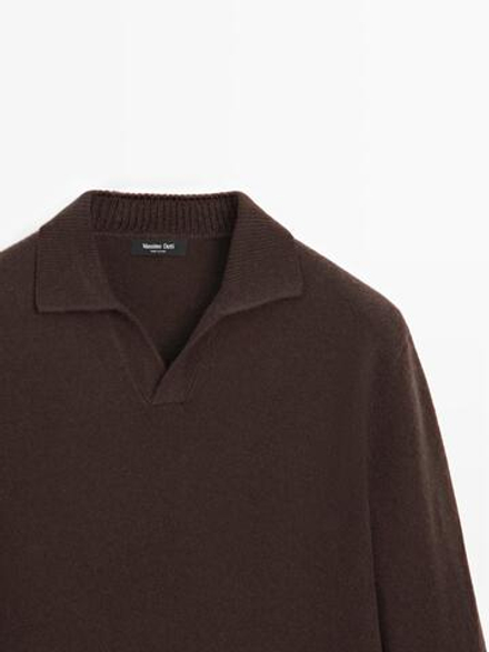 Massimo Dutti Свитер поло из смесовой шерсти с V-образным вырезом, шоколадный