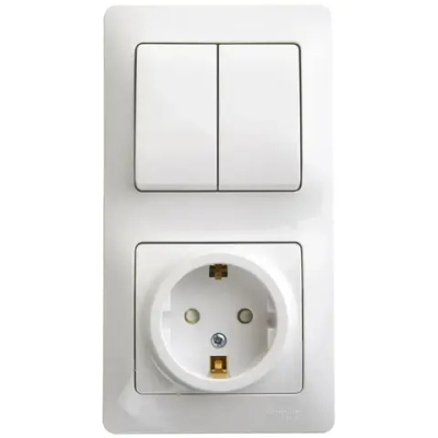 GLOSSA БЛОК: РОЗЕТКА с заземлением со шторками + 2-клавишный ВЫКЛЮЧАТЕЛЬ, БЕЛЫЙ