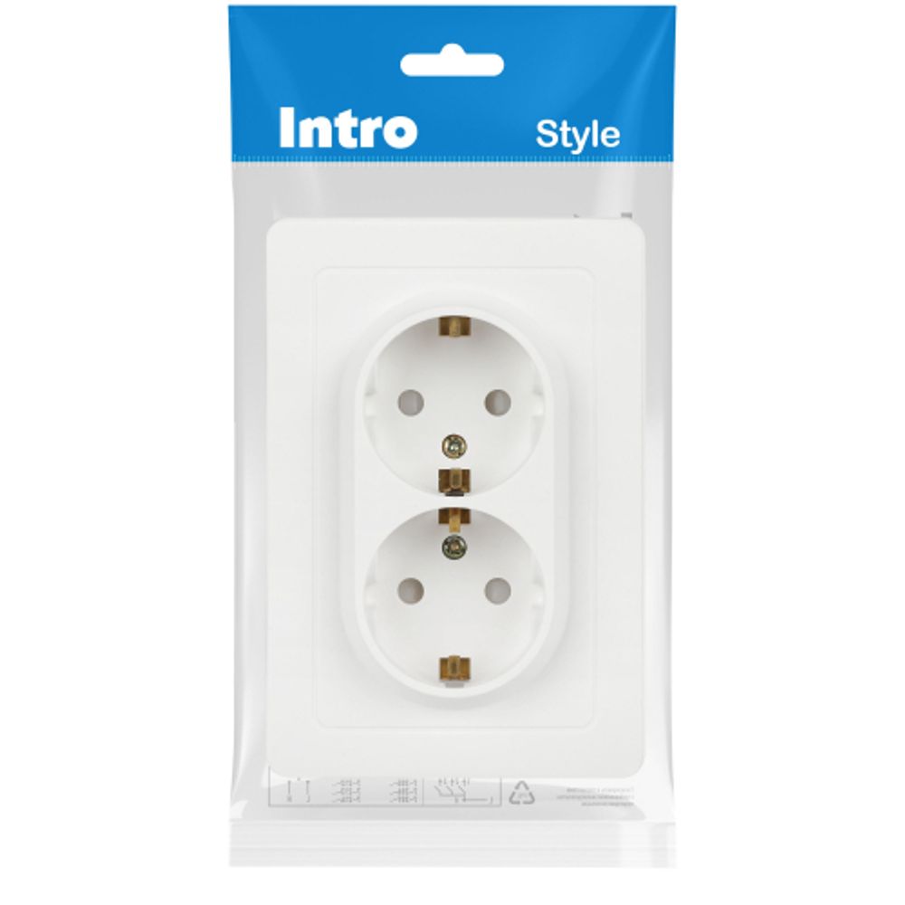 Розетка Intro Style 7-208-01 двойная с заземлением 2X2P+E Schuko со шторками, 16А-250В, IP20, СУ, белый