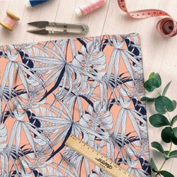 Ткань атлас листья монстеры белые