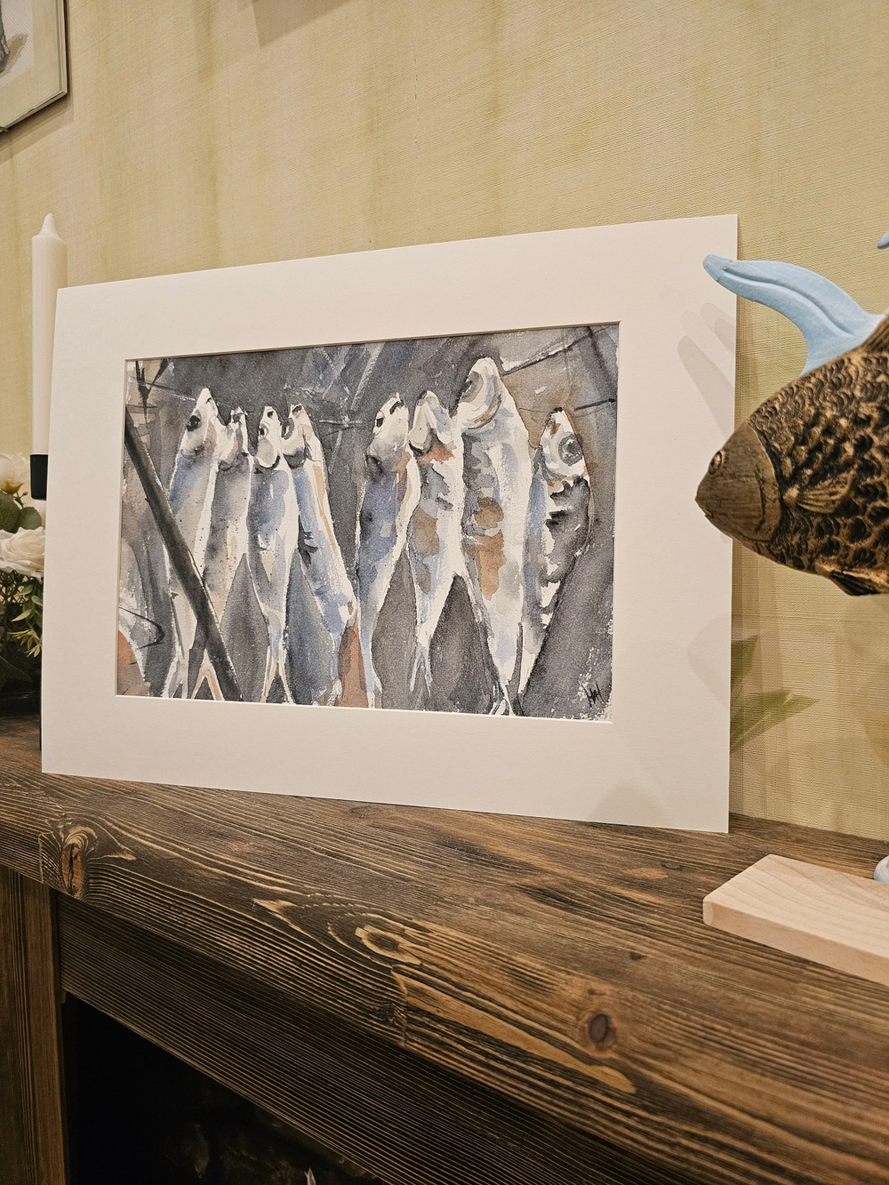 Картина авторская акварельная в паспарту 30х40 см на стену для интерьера "После рыбалки"