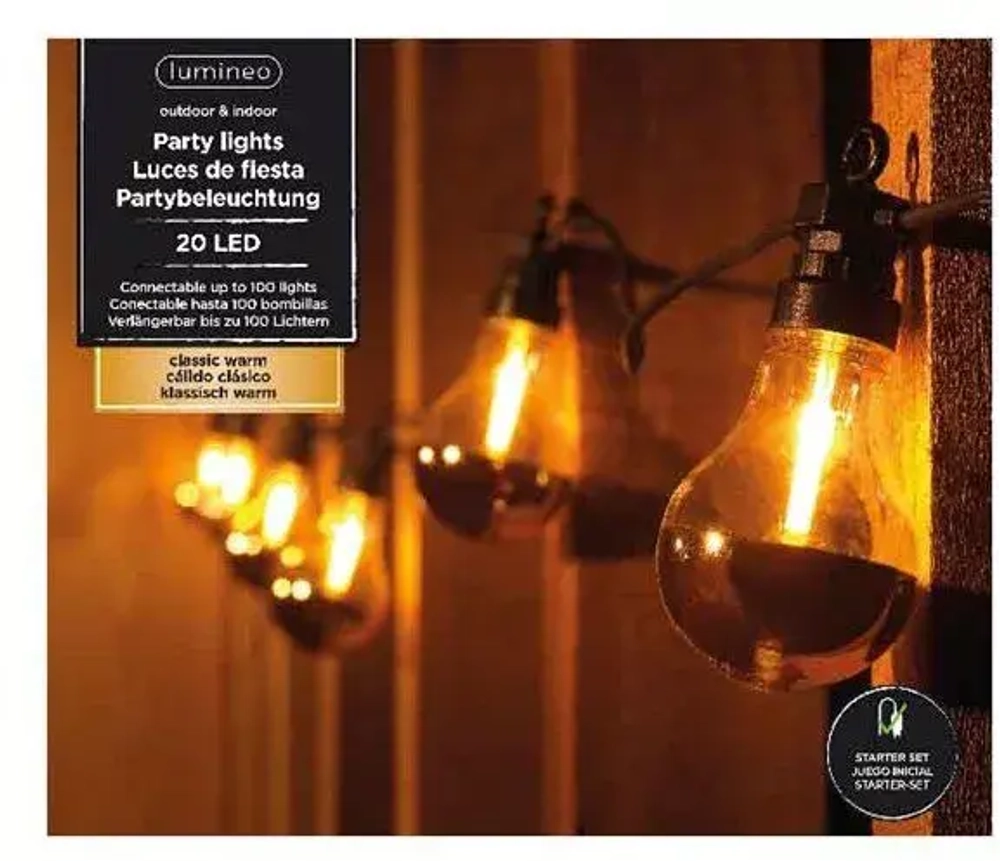 Светодиодная ретро гирлянда Золото Эдисона 9.5 м., 220 V, 20 LED ламп теплого свечения, соединяемая, черный ПВХ провод, Kaemingk (490111)