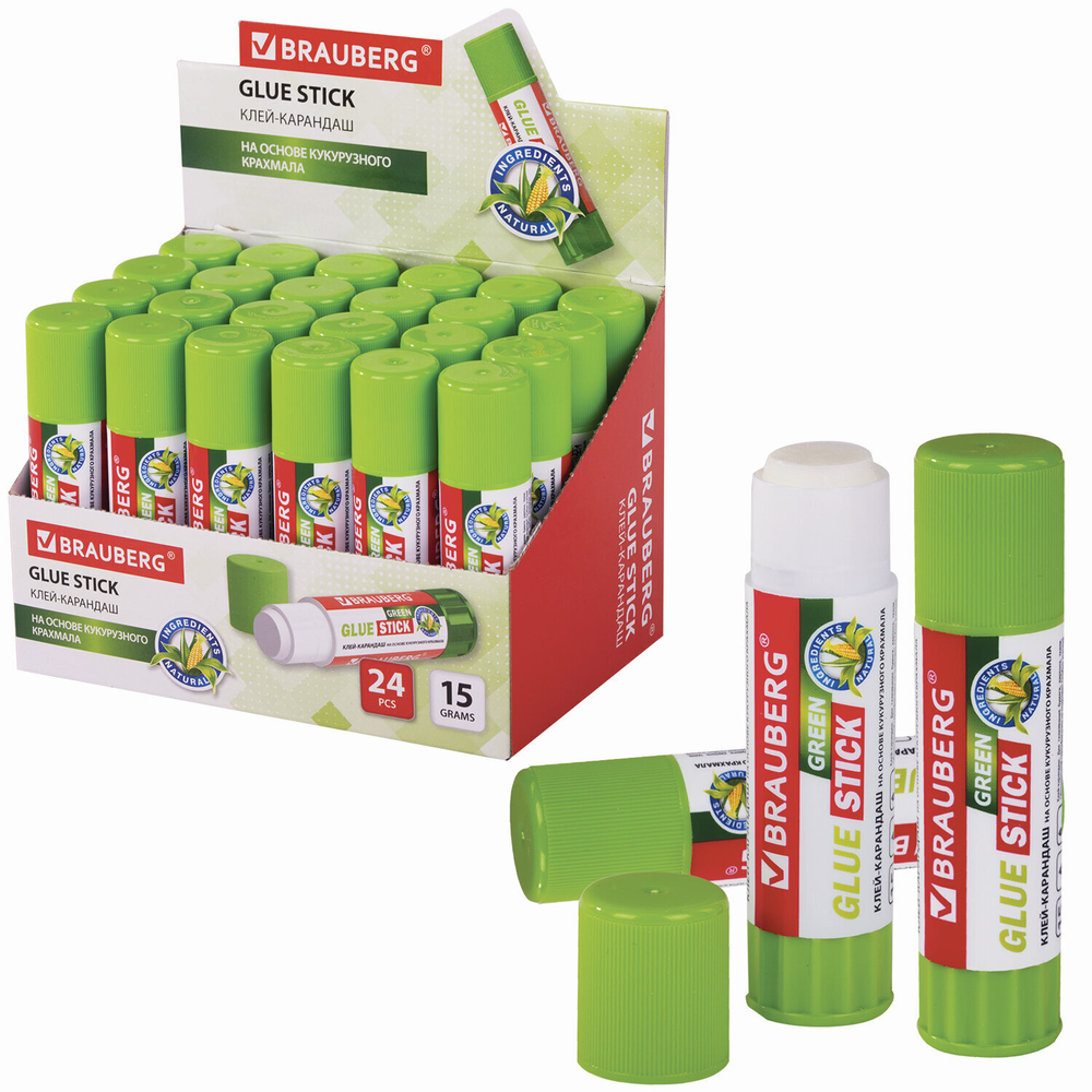 Клей-карандаш на натуральной основе BRAUBERG GREEN 15 г (24 штуки в упаковке)
