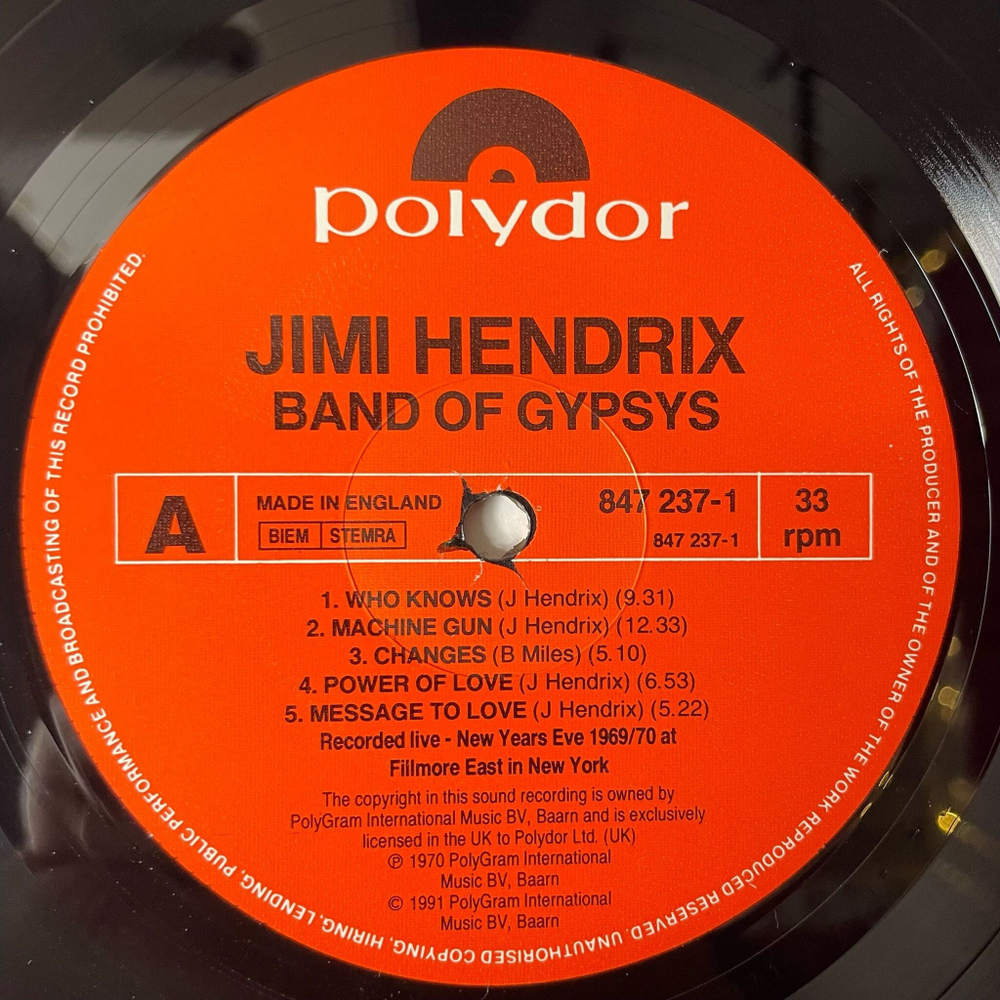 Винтажная виниловая пластинка LP Jimi Hendrix Band Of Gypsys (UK 1991)