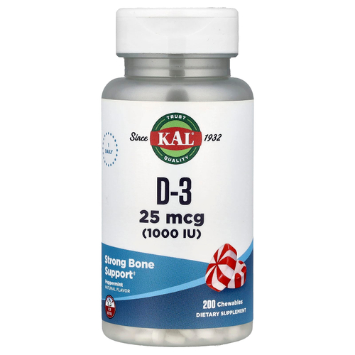 KAL, D-3, мята, 25 мкг (1000 МЕ), 200 жевательных таблеток