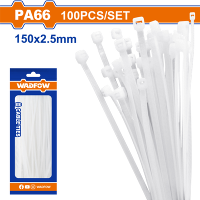 Кабельные стяжки белые 2.5х150 мм 100 шт (75/300) WADFOW WTE315025