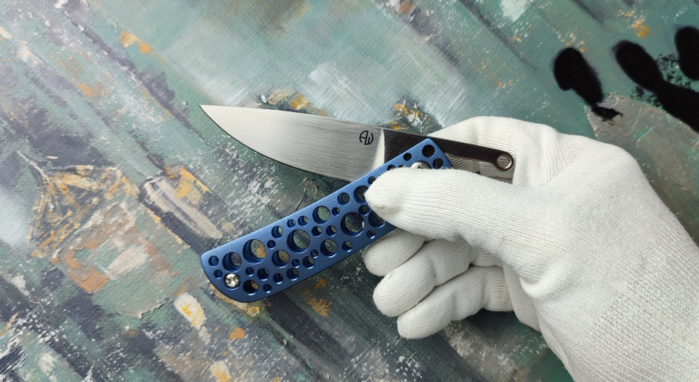 Складной фрикционный EDC нож Shokuroff knives "Сырный" custom синий титан