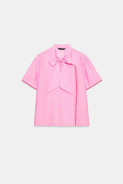 ZARA ТОП В ПОЛОСКУ С БАНТОМ, РОЗОВЫЙ