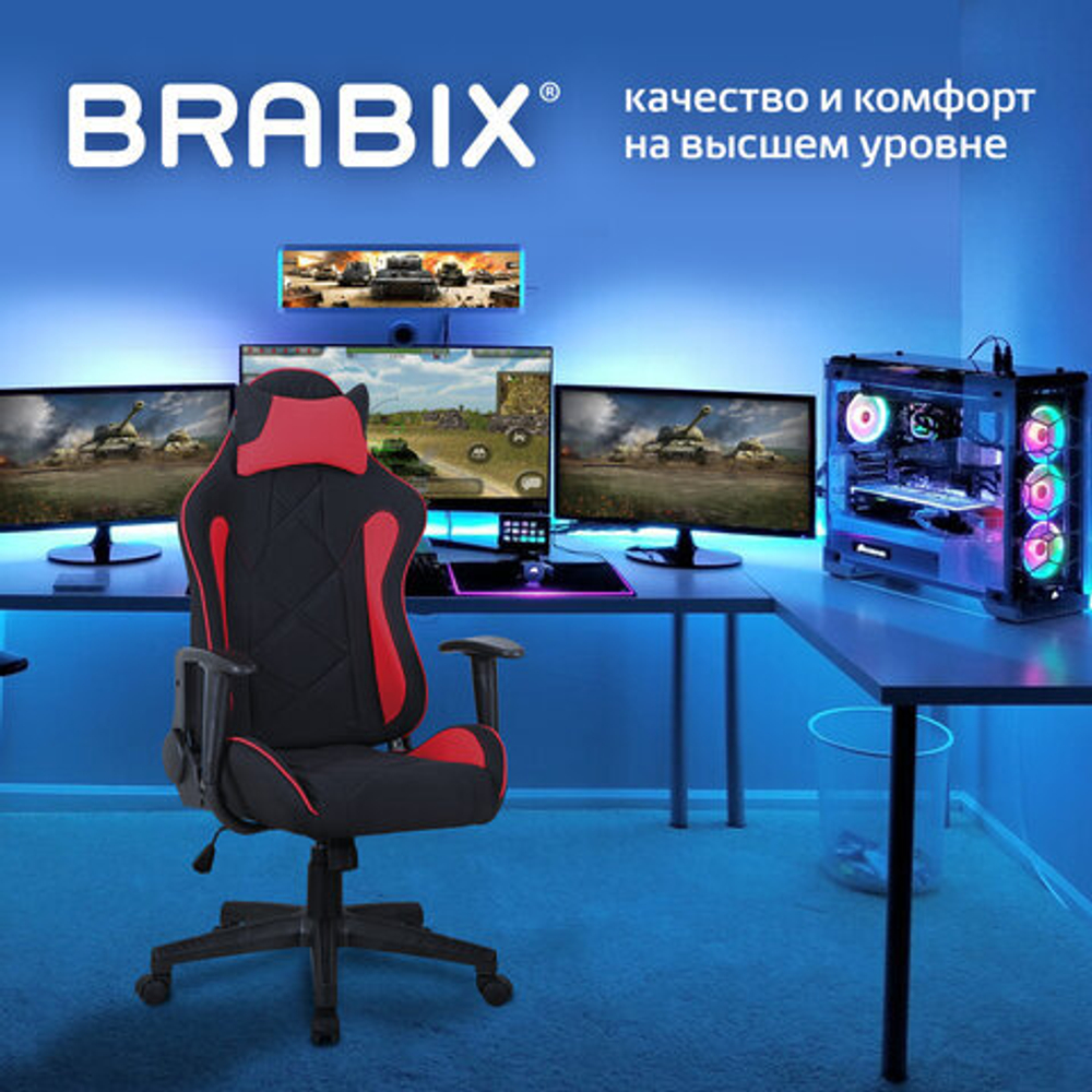 Кресло компьютерное BRABIX "GT Racer GM-101", подушка, ткань, черное/красное, 531820