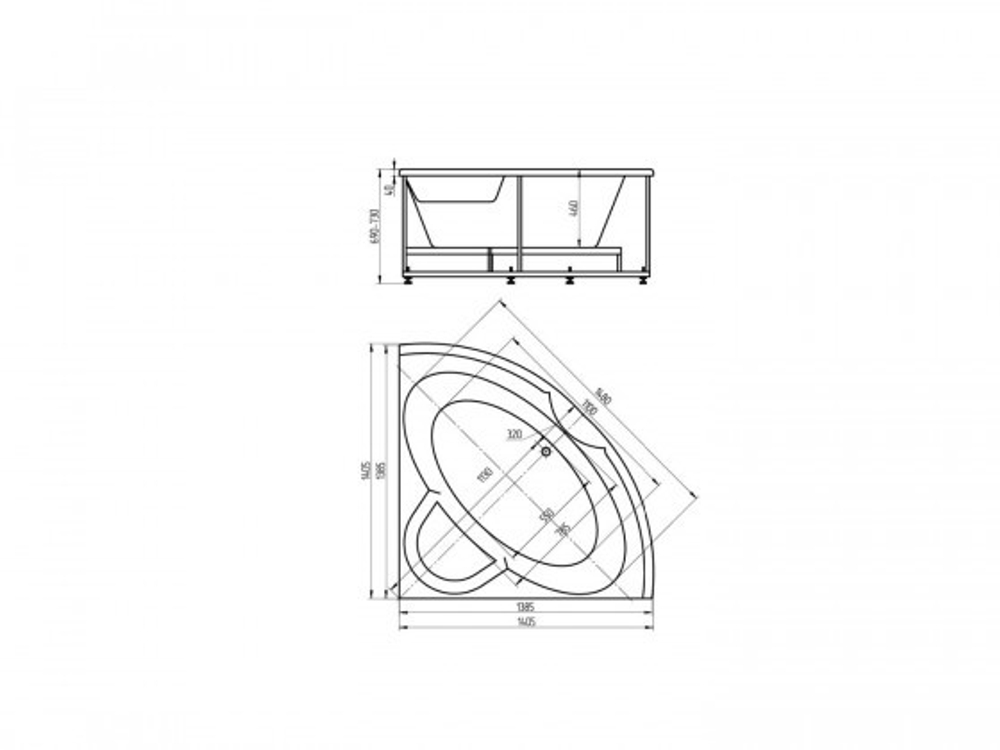 Ванна акриловая угловая ПОЛАРИС 1 138,5х138,5 AQUATEK (с каркасом и фронтальной панелью)