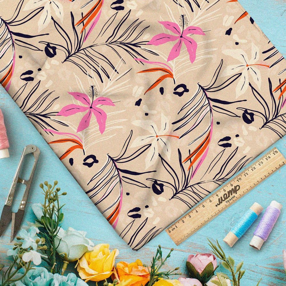 Ткань сатин контурные листья с розовыми