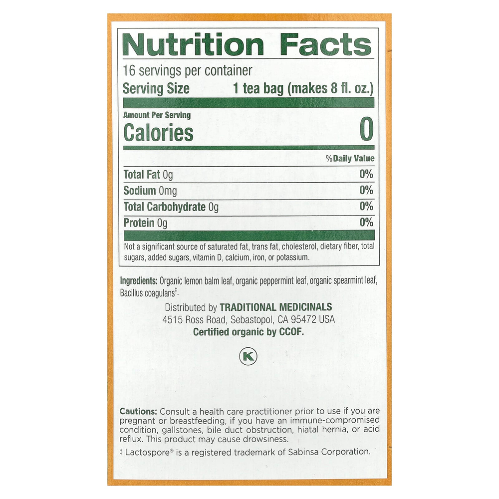 Traditional Medicinals, органический травяной чай, ежедневный пробиотик тройной действия, перечная мята, мята колосистой и мелисса лекарственная, без кофеина, 16 упакованных чайных пакетиков, 24 г (0,85 унции)