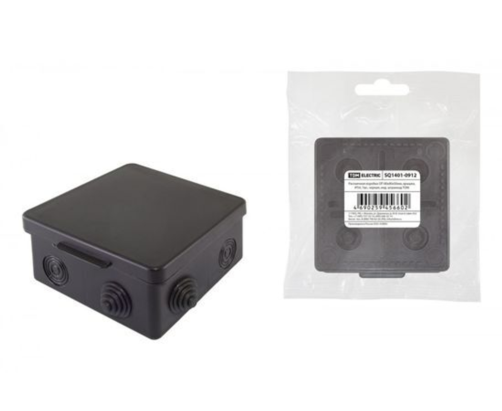 Распаячная коробка ОП 80х80х50мм, крышка, IP54, 7вх., черная, TDM SQ1401-0912