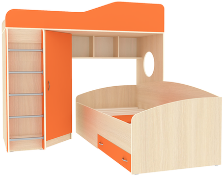 Кровать-чердак КарИВи Кадет 2 с металлической лестницей  Дуб Молочный Оранжевый