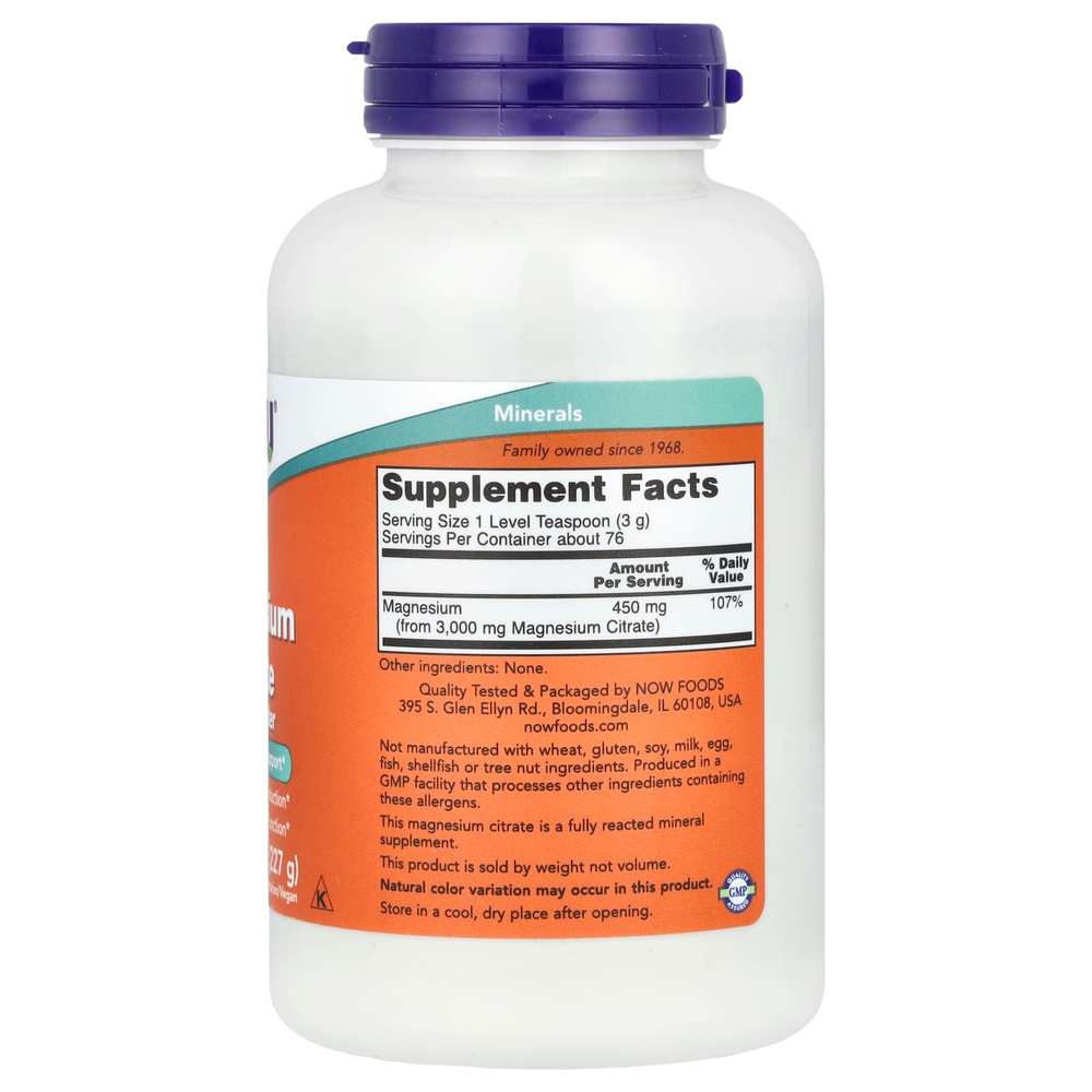 NOW Foods, чистый цитрат магния, в порошке, 227 г (8 унций)