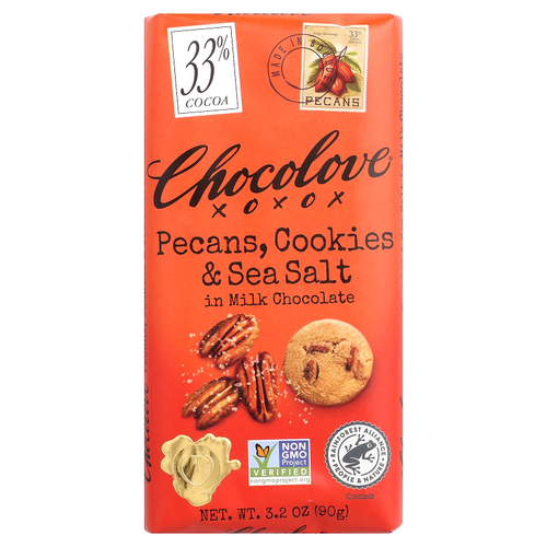 Chocolove, пекан, печенье и морская соль, в молочном шоколаде, 33% какао, 90 г (3,2 унции)
