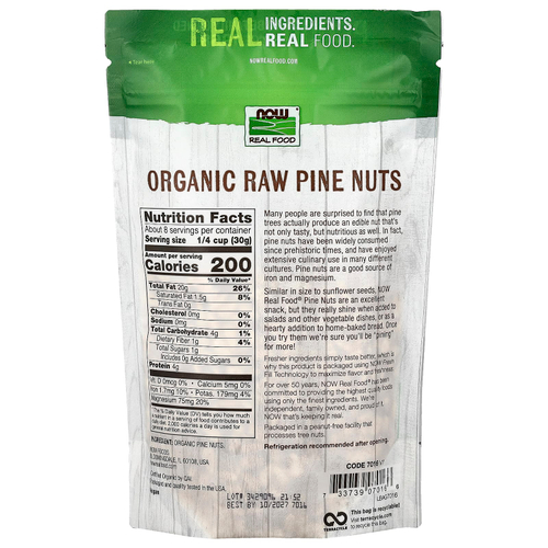 NOW Foods, Real Food, органические необработанные кедровые орехи, 227 г (8 унций)