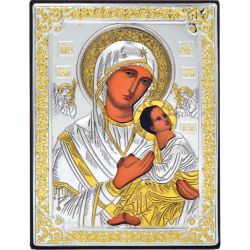 Икона Богородицы "Неустанной помощи" в серебряном окладе.