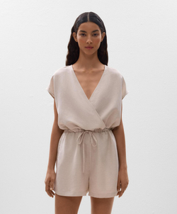 Oysho Короткий комбинезон с запахом из льна, песочный меланж